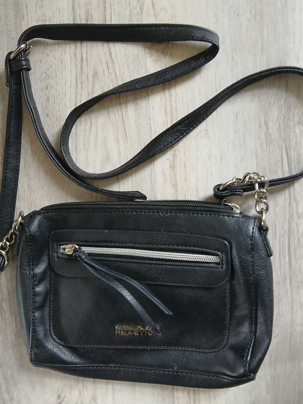 Kenneth Cole Black Leather Crossbody with Gold Accents